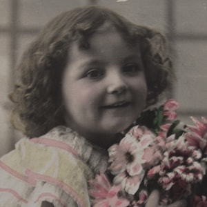 Cute little girl with a bouquet of flowers, antique postcard, vintage postcard girls, old postcard children