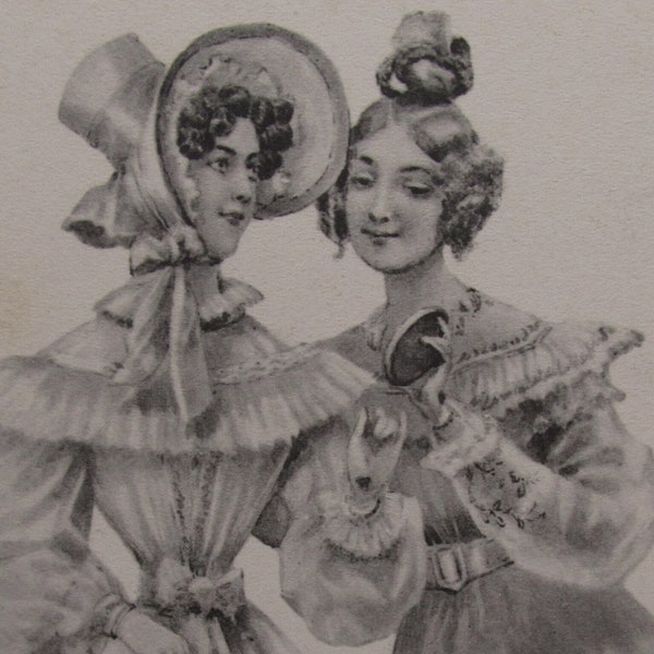 Wonderful vintage Vienne style postcard of 2 women in Victorian clothes, old postcard Victorian women, antique postcard women