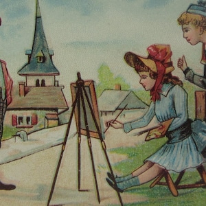 Litografía cromada de una niña pintando y dos niños, tarjeta comercial victoriana, tarjetas comerciales originales, cromo antiguo francés