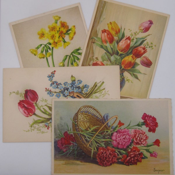 Set of 4 original vintage postcards of beautiful flowers,  antique postcards flowers, old floral postcards