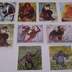 Monkey stamps, set of 18 monkey postage stamps, mostly used stamps