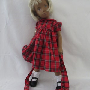 Child-like outfit for Shasha dolls, A lovely red Highland plaid dress. Heirloom sewing, working buttons, a sweet bow in the back.