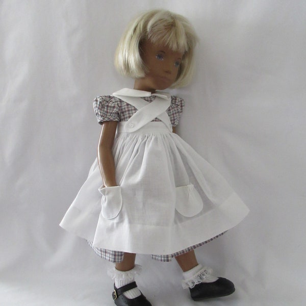 Sasha Doll Clothes,  A Scaled for Sasha Plaid Dress, White Collar, a lovely Pinafore in a Cross Over Chest Style, and Pockets for Candy.