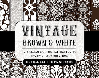 Papel digital floral marrón y blanco, 20 papeles digitales damasco floral marrón para scrapbooking, tarjetas, grabados, artesanías, uso comercial