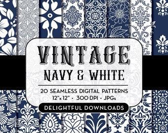 Blue Floral Digital Paper "20 VINTAGE NAVYS" with 20 navy blue floral damask digital papers for scrapbooking, cards, prints