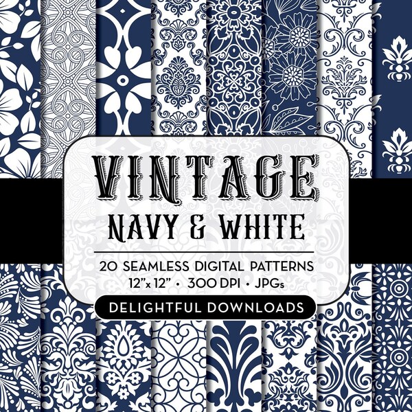 Blue Floral Digital Paper "20 VINTAGE NAVYS" with 20 navy blue floral damask digital papers for scrapbooking, cards, prints