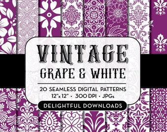 Purple Floral Digital Paper "20 VINTAGE GRAPE & WHITE" with 20 purple floral damask digital papers for scrapbooking, cards, prints