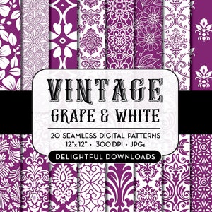 Purple Floral Digital Paper &quot;20 VINTAGE GRAPE & WHITE&quot; with 20 purple floral damask digital papers for scrapbooking, cards, prints