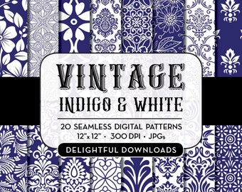 Indigo Digital Paper Set, Seamless Textures, Vintage Patterns, Damask Digital Paper, Floral Backgrounds, Indigo Blue Background