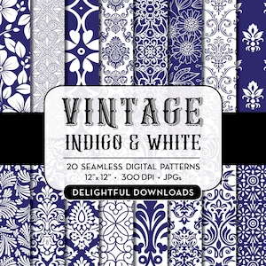 May include: A set of 20 digital paper patterns featuring vintage indigo and white damask designs. Each pattern is 12 inches by 12 inches and 300 DPI.