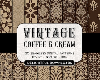 Papel digital floral marrón y beige, 20 papeles digitales damasco floral marrón para scrapbooking, tarjetas, grabados, artesanías, uso comercial