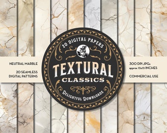 Puede incluir: 20 papeles digitales con texturas de mármol neutras. Cada patrón sin costuras es de 300 DPI y aproximadamente 13x13 pulgadas. Los clásicos texturales son para uso comercial.