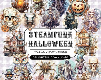Steampunk Halloween Clipart, 24 Spooky & Stijlvolle Pastel Pompoenen, Heksen, Schedels, Spookhuizen, Zwarte Kat, Uil, Vleermuis, Commercieel Gebruik PNG
