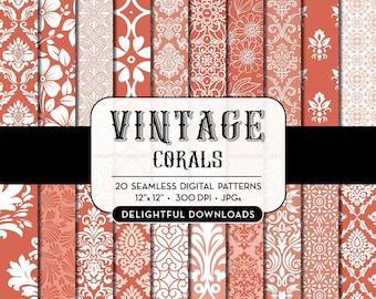 Coral Floral Digital Paper, 20 coral floral damask digital papers for scrapbooking, cards, prints, seamless JPGs, commercial use