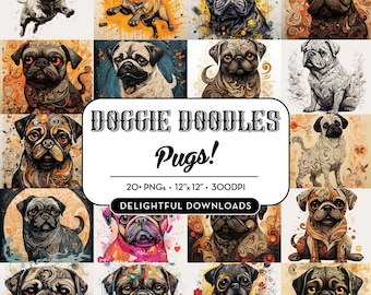 Pug Clipart | Cute Dog Clipart | Digital Download | Pug Bundle PNG | Pug Illustration | Junk Journal | Digital Paper Craft