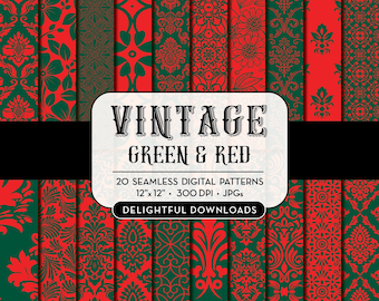 Red and Green Floral Digital Paper, 20 green and red floral digital papers for scrapbook, cards, prints, holiday projects, Christmas