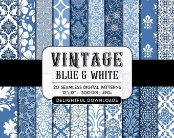 Blue Floral Digital Paper "20 VINTAGE BLUES" with 20 blue floral damask digital papers for scrapbooking, cards, prints