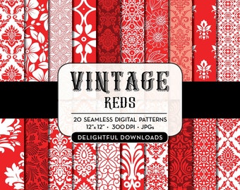Red Floral Digital Paper "20 VINTAGE REDS" with 20 red floral damask digital papers for scrapbooking, cards, prints, red seamless background