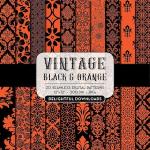 Vintage Black and Orange Digital Paper, Seamless Textures, Vintage Patterns, Damask Digital Paper, Floral Backgrounds, Halloween Patterns