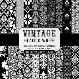 Vintage Black and White Digital Paper Set, Seamless Textures, Vintage Patterns, Damask Digital Paper, Floral Backgrounds, Commercial Use