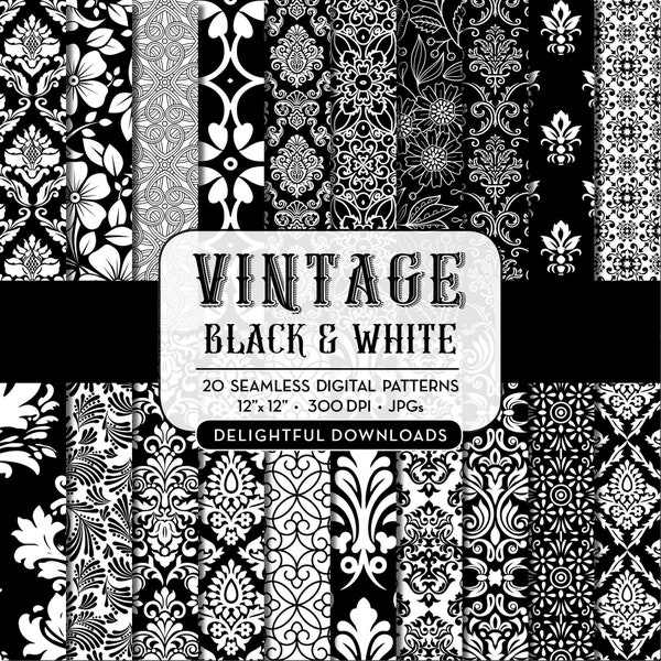 Vintage Black and White Digital Paper Set, Seamless Textures, Vintage Patterns, Damask Digital Paper, Floral Backgrounds, Commercial Use