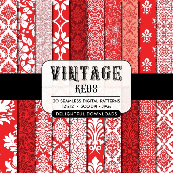 Red Floral Digital Paper "20 VINTAGE REDS" with 20 red floral damask digital papers for scrapbooking, cards, prints, red seamless background