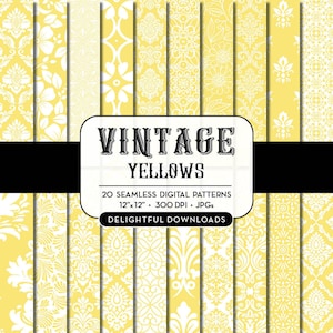 Gelbes Blumen Digital Papier, 20 nahtlose gelbe florale Damast digitale Papiere für Scrapbooking, Karten, Drucke, kommerzielle Nutzung