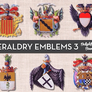 Heraldry Shields Emblems Clip Art VOL 3. Coat of Arms Clip Art. Knight Clip Art for Digital Collage, Scrapbooking, Cards, Prints