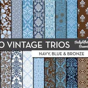 Blau und Bronze Florales Digital Papier "20 VINTAGE TRIOS" mit 20 blauen und bronze floralen Damast Papieren für Scrapbooking, Karten, Drucke