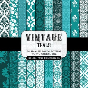 "Teal Blue Green Floral Digitales Papier ""20 VINTAGE TEALS"" mit 20 petrol blau grünen floralen Damastpapieren für Scrapbooking, Karten, Drucke""