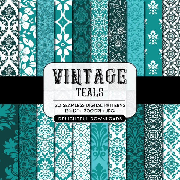 Teal Blue Green Floral Digital Paper "20 VINTAGE TEALS" with 20 teal blue green floral damask digital papers for scrapbooking, cards, prints