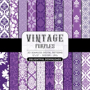 Lila Florales Digitales Papier "20 VINTAGE PURPLES" mit 20 lila floralen Damastpapieren für Scrapbooking, Karten, Drucke