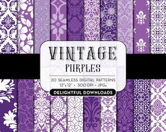 Purple Floral Digital Paper "20 VINTAGE PURPLES" with 20 purple floral damask digital papers for scrapbooking, cards, prints