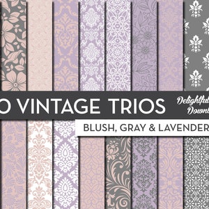 Blush Floral Digital Paper "20 VINTAGE TRIOS" with 20 blush gray lavender floral damask digital papers for scrapbooking, cards, prints