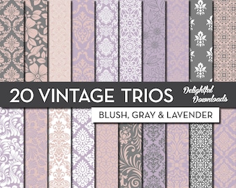 ブラッシュ フローラル デジタル ペーパー「20 VINTAGE TRIOS」には、スクラップブック、カード、プリント用のブラッシュ グレー ラベンダー フローラル ダマスク デジタル ペーパーが 20 枚入っています。