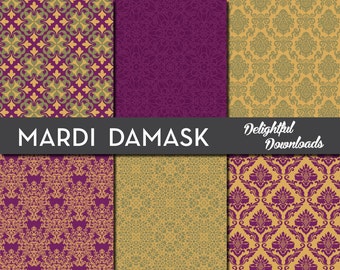 Mardi Gras Digital Paper "MARDI DAMASK" with damask patterns in gold, green and purple for scrapbooking, cards, prints