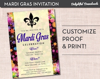 Mardi Gras Invitation - Multicolor Fleur De Lis - Printable Customized