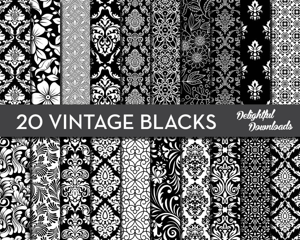 Black & White Floral Digital Paper 20 VINTAGE Etsy