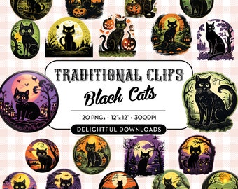 Halloween Clipart, retro traditional style black cats, 20 transparent PNG, suitable for prints, crafts, gifts, cards, commercial use