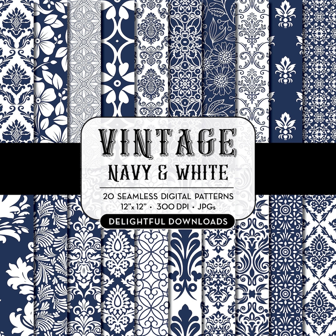 Blue Floral Digital Paper "20 VINTAGE Navys" With 20 Navy Blue Floral ...