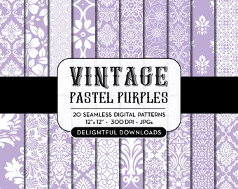 Purple Floral Digital Paper, 20 seamless PNG purple floral damask digital papers for scrapbooking, cards, prints, crafts, commercial use