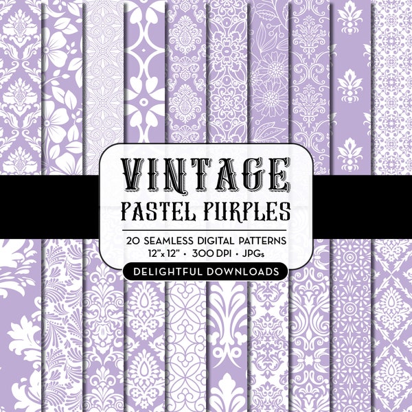 Papel digital floral púrpura, 20 papeles digitales de damasco floral púrpura PNG sin costuras para scrapbooking, tarjetas, impresiones, artesanías, uso comercial