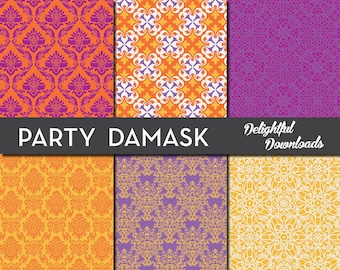 Digital Paper "PARTY DAMASK" with damask patterns in orange, pink, yellow and purple for scrapbooking, cards, prints