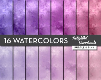 Pink and Purple Watercolor Digital Paper "16 WATERCOLORS - Pink & Purple"  16 purple and pink watercolor digital papers