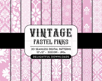 Pink Floral Digital Paper, 20 seamless pink floral damask digital papers for scrapbooking, cards, prints, crafts, commercial use