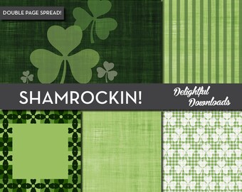 St. Patrick's Day Digital Paper "SHAMROCKIN" with shamrock patterns in shades of green for scrapbooking, cards, prints