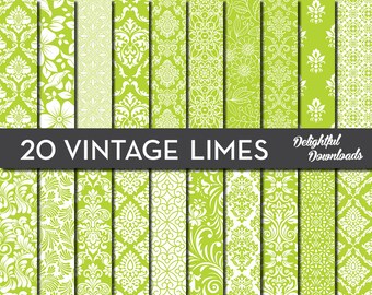Lime Green Floral Digital Paper "20 VINTAGE LIMES" with 20 green floral digital papers for scrapbooking, cards, prints