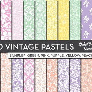 Papel Digital Floral Pastel "20 VINTAGE PASTELS SAMPLER" con 20 papeles digitales damasco floral pastel para scrapbooking, tarjetas, estampados.