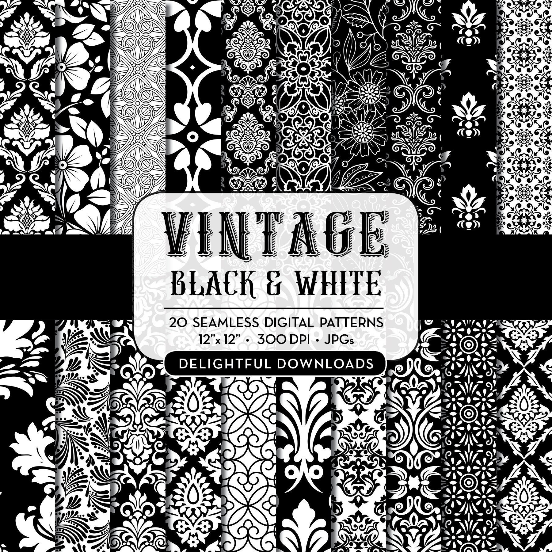 BLACK & WHITE Classic Pattern Digital Paper Printable Black White Scrapbook  Background Black Papers Cardscraft Supplies 300dpi 12x12 P046 