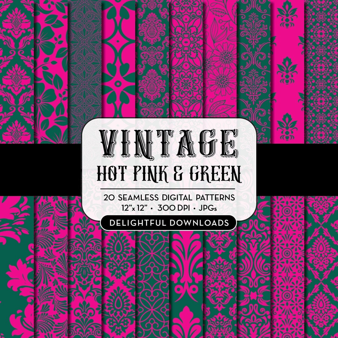 Pink and Green Floral Digital Paper "20 VINTAGE BRIGHTS - Pink & Green ...